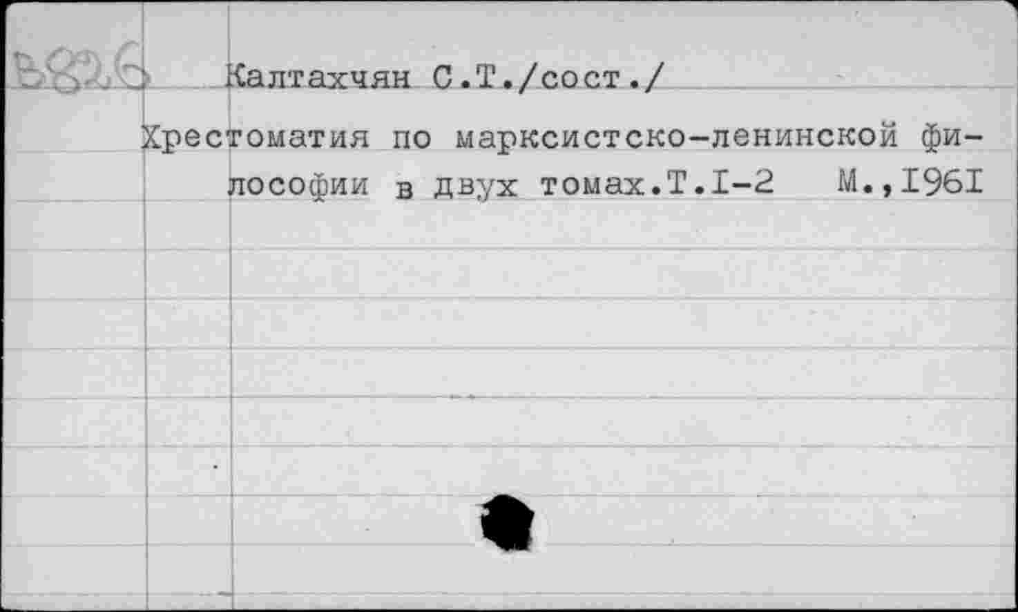 ﻿Калтахчян С.Т./сост./
Хрестоматия по марксистско-ленинской философии в двух томах.Т.1-2	М.,1961